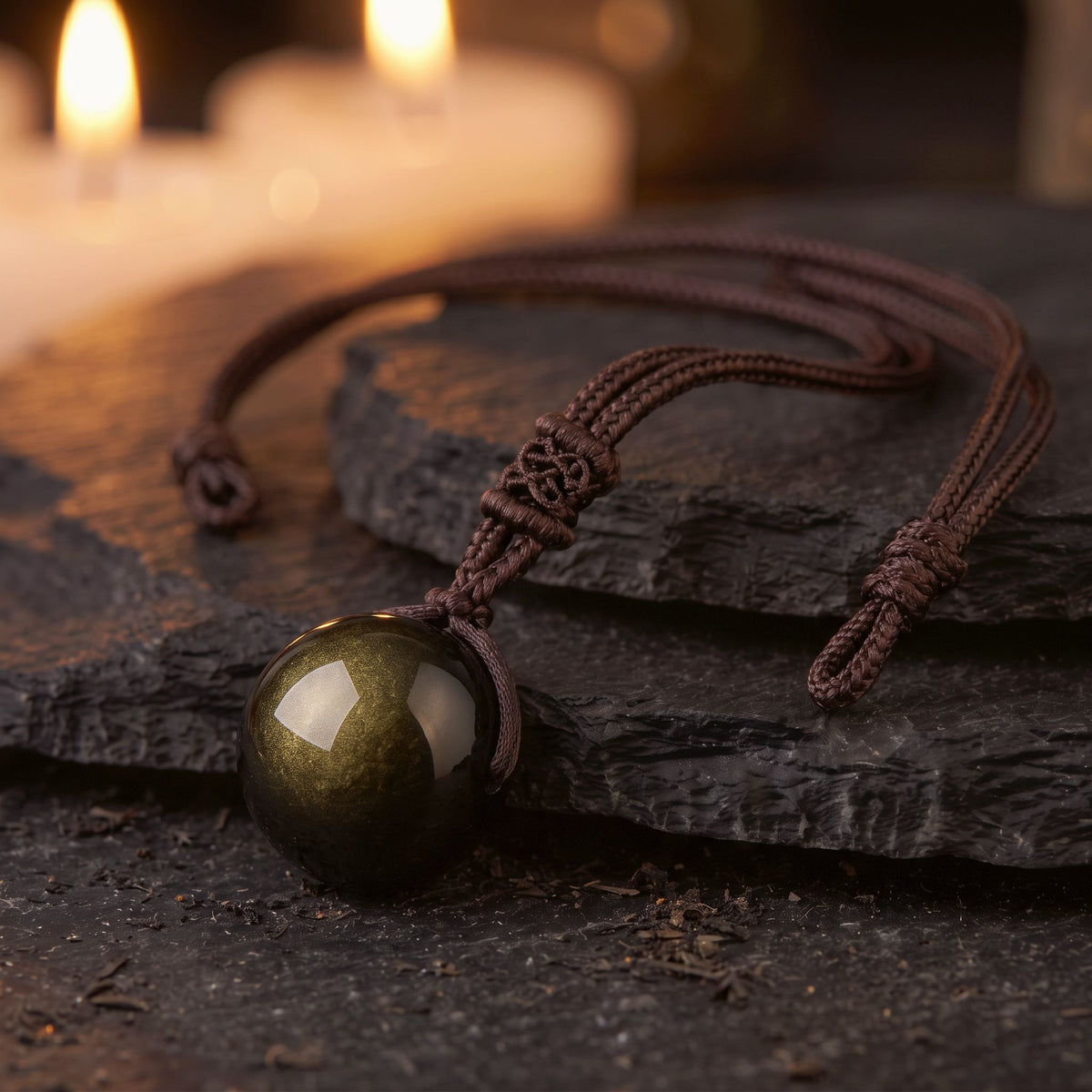 Collar Obsidiana Dorada con esfera de obsidiana y cordón café trenzado sobre una piedra oscura, con velas al fondo