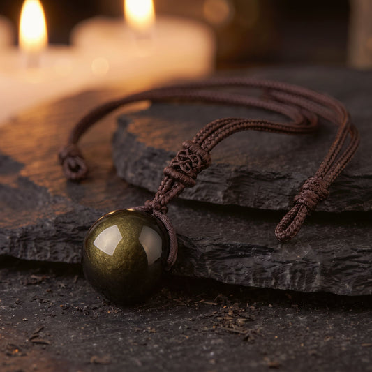 Collar Obsidiana Dorada con esfera de obsidiana y cordón café trenzado sobre una piedra oscura, con velas al fondo
