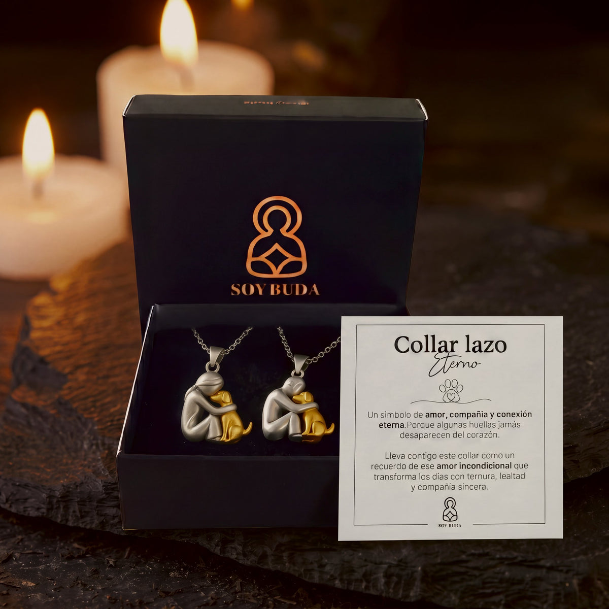 Dos Collares Lazo Eterno en su caja Soy Buda con la tarjeta de su significado