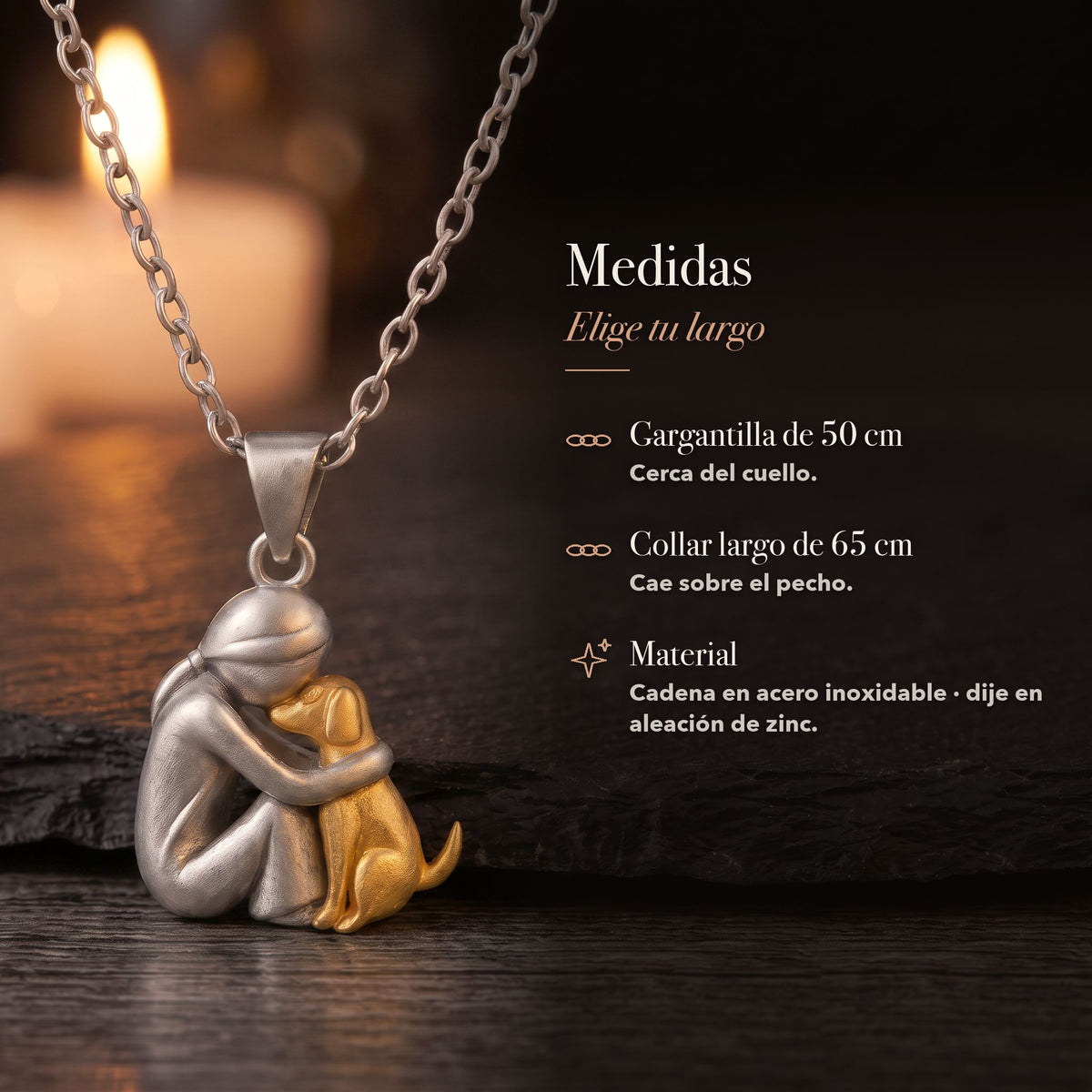Medidas del Collar Lazo Eterno: gargantilla de 50 cm o collar largo de 65 cm